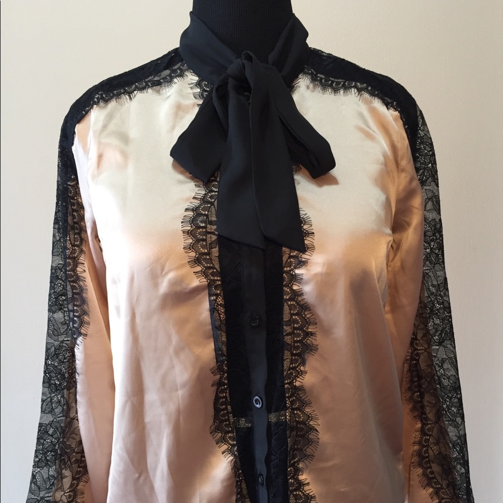 NWOT Lovely blush blouse with black lace trim
